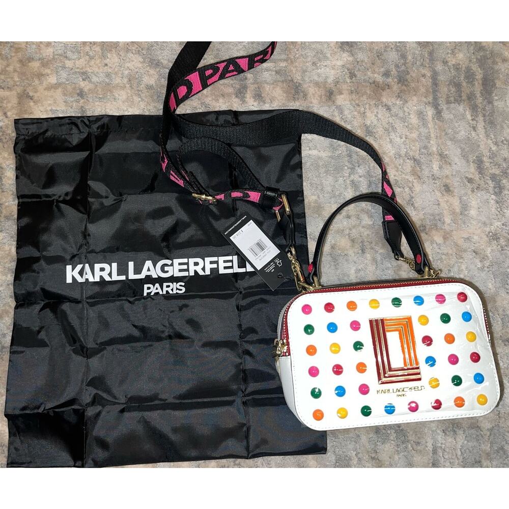 Karl Lagerfeld Paris White Multi Simone Leather Crossbody Purse & Dust bag NWT